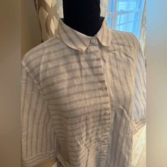 Chico's Striped 3/4 Sleeve 100% Linen Button Down Shirt Womens Sz 3P Beige/White - Picture 2 of 12
